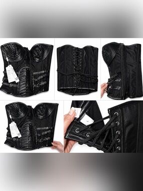 Black Faux Leather Corset Top with Buckle & Lace-Up Details